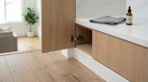An open white oak cabinet door showing a concealed soft-close hinge beside a folded microfiber cloth and amber dropper bottle on a marble countertop above light wood flooring