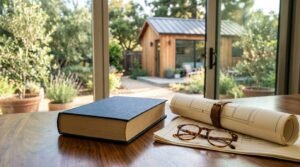 A thick blue hardcover legal code book, tortoiseshell reading glasses, and rolled architectural blueprints strapped with leather on a wooden desk looking out toward a modern cedar backyard ADU