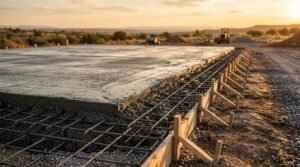 Freshly poured concrete slab foundation with reinforced steel rebar mesh and wooden formwork set against a wide-open landscape under a golden sunset.