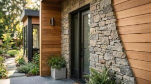 A contemporary ADU entryway featuring a natural stacked stone veneer accent wall paired with horizontal cedar wood siding, a dark glass entry door, and a bluestone slate walkway