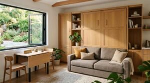A multifunctional modern ADU living room featuring a custom oak wall unit with an integrated Murphy bed, a gray fabric loveseat, and an expandable drop-leaf dining table beside an open casement window overlooking a garden