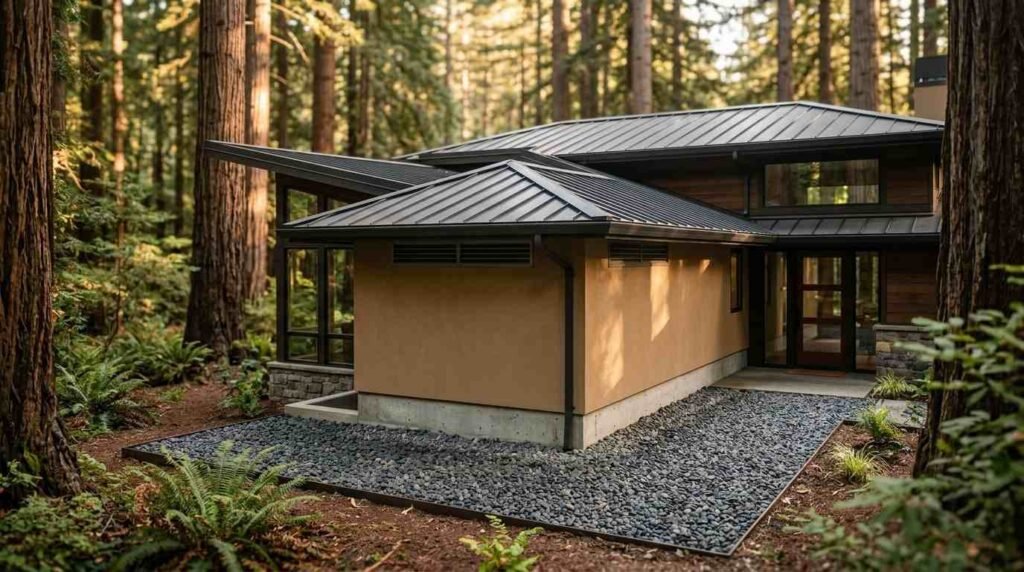 Modern fire-resistant home surrounded by redwood trees, featuring a standing seam metal roof, ember-resistant soffit vents, stucco siding, and non-combustible gravel landscaping