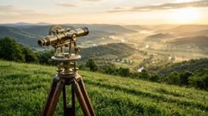 Vintage brass surveyor transit mounted on a wooden tripod atop a grassy hillside overlooking a misty mountain valley at sunrise