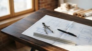 Architectural structural detail blueprints laid out on a dark rustic wood drafting table with a metal drafting compass, mechanical pencil, and triangular scale ruler near a sunny window