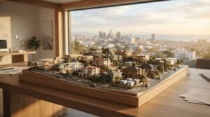 A detailed architectural diorama model of a hillside residential neighborhood on a wooden table in front of a panoramic window overlooking a city skyline at sunset