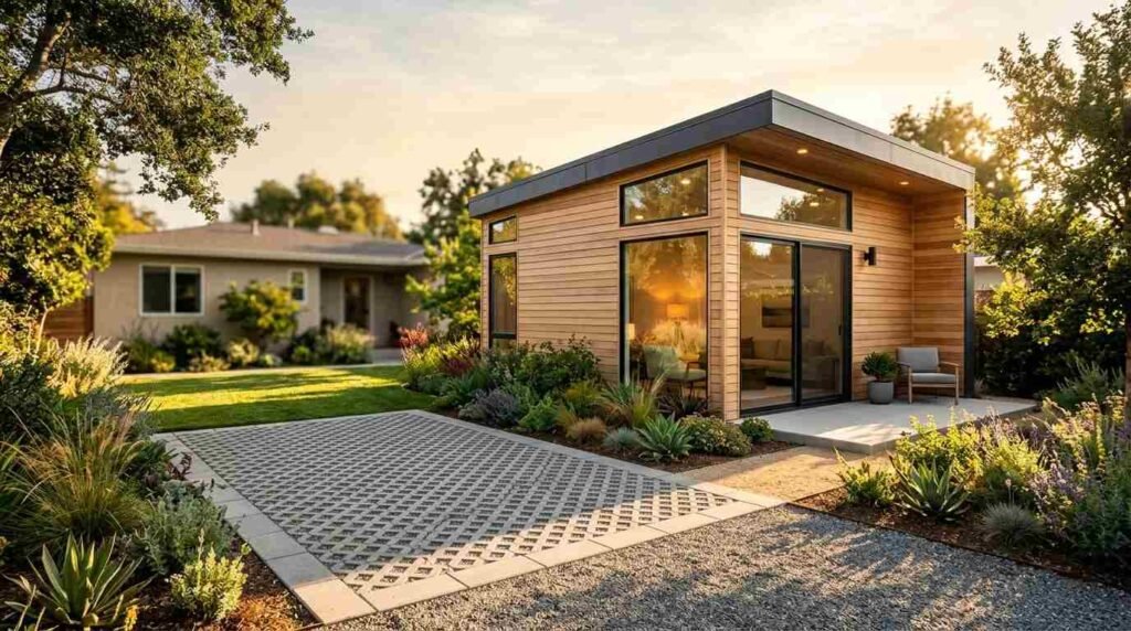 A contemporary wood-clad backyard ADU with floor-to-ceiling glass windows and clerestory lighting, situated next to a permeable grid paver driveway, drought-tolerant succulent landscaping, and a manicured green lawn at golden hour