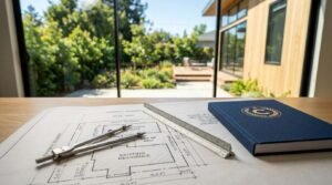 Architectural plot plan showing property setbacks and a proposed ADU layout beside a drafting compass, scale ruler, and city code book on a desk overlooking a landscaped backyard and modern ADU