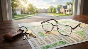 House keys on a leather keychain and a pair of reading glasses resting on a neighborhood map spread across a wooden table, with a view of suburban homes through a window in the background.