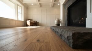 Premium wide-plank hardwood flooring paired with a rustic stacked stone hearth and fireplace in a bright, high-end residential living space featuring coffered ceilings and wainscoting.