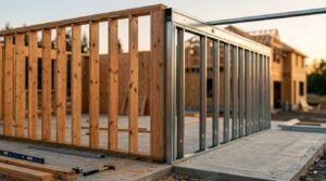 Construction site showing a direct structural comparison between traditional wooden timber wall framing and galvanized light-gauge steel studs.