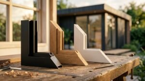 Corner profile samples of black aluminum, natural oak wood, and white vinyl window frames displayed on an outdoor carpenter workbench with a modern ADU in the background