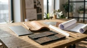 Various roofing material samples including asphalt shingles, a clay tile, and metal panels arranged on a wooden designer table with architectural blueprints and a scale ruler.