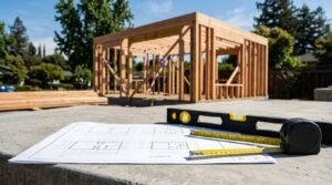Architectural floor plan blueprints, an extended tape measure, and a spirit level resting on a concrete foundation slab in front of a timber-framed ADU under construction