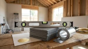 A metal spirit level resting on a stack of gray siding planks beside a roll of aluminum flashing and a sealed permit document on a workbench inside an unfinished wood-framed house