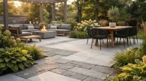 Modern backyard patio design featuring a paved stone terrace, outdoor sectional seating, a central fire pit table, a pergola with string lights, and an outdoor dining area surrounded by lush landscaping.