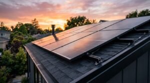 Rooftop solar panels installed with aluminum mounting rails on an asphalt shingle roof, reflecting a vibrant orange and purple sunset over a residential neighborhood