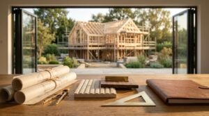 Wooden office desk featuring tied rolled blueprints, stone and wood material samples, brass drafting tools, and a leather notebook framing a view of a residential wood-framing construction site through open doors.