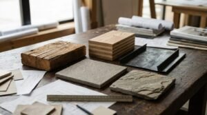 Wooden design studio table featuring reclaimed timber, cross-laminated timber, a stone tile, a natural aggregate slab, metal roofing flashing, architectural blueprints, and a scale ruler.