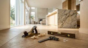 Chevron wood flooring inside a luxury modern home featuring a hand plane with wood shavings, a wooden spirit level, a try square, and tile spacers against the backdrop of a high-end kitchen with marble countertops.