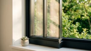 Close-up view of a modern black window frame with double-glazed glass panes and a small potted succulent resting on the interior white windowsill.