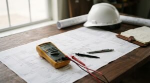 A digital multimeter displaying 120.4 volts resting on an electrical blueprint schematic beside test leads, a drafting pencil, a white hard hat, and a leather notebook on a wooden desk