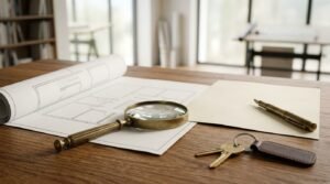 Wooden desk featuring a brass magnifying glass placed over architectural floor plans, alongside a brass fountain pen, a set of house keys with a leather keychain, and a bright studio interior in the background.