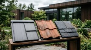 Outdoor display of three architectural roofing material samples—dark standing seam metal panels, curved terracotta clay tiles, and dark slate shingles—set against a modern residential building.