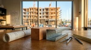 Architectural office desk featuring a rolled blueprint, a wood timber sample, a galvanized steel framing stud, drafting tools, and a view of a building under construction outside the window.