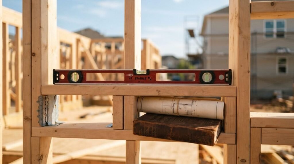 Wooden wall framing on a residential construction site featuring a red spirit level resting on a crossbeam above a rolled architectural blueprint and a heavy building codes reference book.