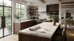 Rolled architectural blueprints and reading glasses resting on a marble kitchen island inside a luxury modern home featuring dark wood cabinetry, marble backsplashes, and open shelving.