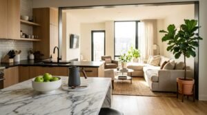 A modern open-concept kitchen featuring a white marble island with a bowl of green apples and a dark kettle, overlooking a bright living room with a neutral sectional sofa, wooden flooring, and a large fiddle-leaf fig plant in a terracotta pot.