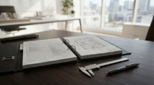 An open black ring binder displaying engineering specification tables and architectural floor plans on an executive desk beside a vernier caliper and technical drafting pencil in an office