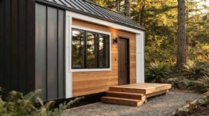 Modern tiny home exterior in a forest setting featuring dark standing seam metal siding, horizontal natural wood planks, white window trim, and a small wooden porch