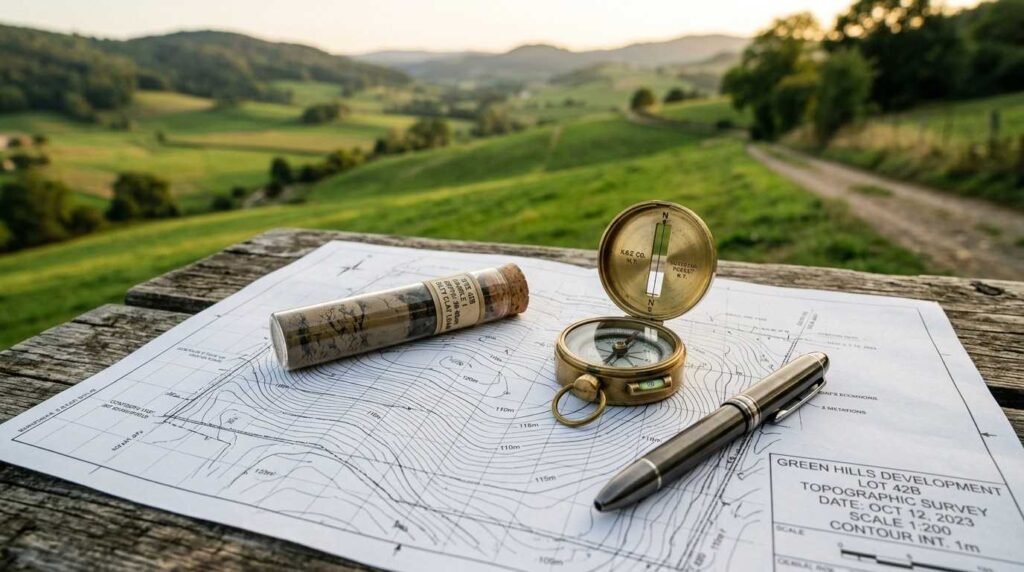Topographic survey map labeled "GREEN HILLS DEVELOPMENT LOT 42B" with a soil sample vial, brass compass, and pen on a wooden bench overlooking rolling green hills