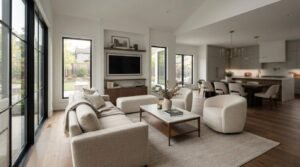 Modern open-concept living room furniture layout featuring a neutral sofa, boucle armchairs, a marble-topped coffee table, built-in entertainment center, and large black-framed windows overlooking the exterior.