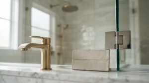 Luxury bathroom finishes featuring a brushed brass single-hole faucet, marble vanity countertop, ceramic tile sample, and glass shower enclosure with chrome hardware.