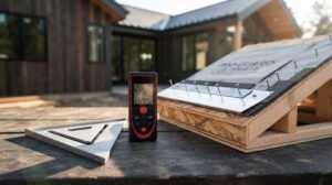 Digital laser measure tool, triangular rafter square, and a sloped roofing mock-up model set on a wooden table outdoors with a modern dark wood house in the background.