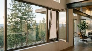 Large energy-efficient glass windows in a modern home interior framing a scenic outdoor pine forest view with natural sunlight streaming inside.