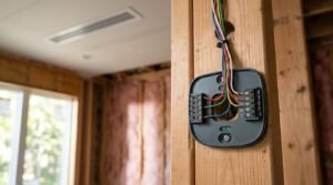 Smart thermostat mounting base wired with color-coded low-voltage control cables connected to terminal blocks, installed on a wooden stud inside a residential framing project.