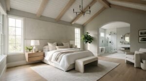 Luxury master bedroom interior featuring vaulted ceilings with exposed wooden beams, a neutral upholstered bed, hardwood flooring, and an arched entryway leading into an open-concept en-suite bathroom with a glass shower and modern vanity.