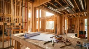 Contractor workbench inside a residential home under construction featuring rolled architectural floor plans, a multimeter, wire strippers, copper plumbing fittings, and a pencil, with exposed electrical wiring, PEX plumbing lines, and HVAC ductwork visible in the timber-framed interior.