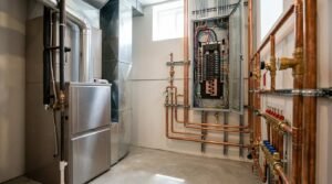 Mechanical utility room inside a modern custom home featuring an HVAC furnace with ductwork, an open electrical breaker panel with organized wiring, copper plumbing lines, and a radiant heating manifold mounted on the wall.