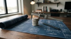 A digital vernier caliper measuring a concrete core sample cylinder set on architectural foundation footings blueprints alongside a drafting pen on a wooden desk