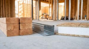 A structural framing material comparison showing stacked wooden 2x4 studs, a cold-formed galvanized steel stud, and a structural insulated panel (SIP) sample resting on a concrete floor at a construction site