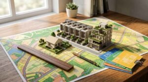 Architectural scale models of a single-family house, modern townhomes, and a multi-story green apartment building set on a colorful parcel map with a wooden ruler, pen, and floor plan cards