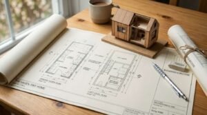 Wooden scale model of a tiny house with a loft cutaway resting on floor plan blueprints labeled "THE HAVEN TINY HOME" with drafting pencil and eraser on a wooden desk