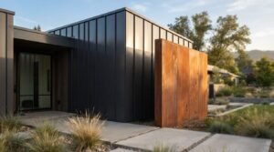 Modern minimalist house exterior featuring dark vertical standing seam metal siding, a weathered Corten steel privacy wall, and concrete paver walkway
