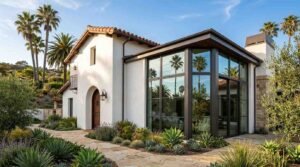 Spanish Revival style home with modern glass windows, white stucco exterior, red terracotta tile roof, flagstone pathway, and drought-tolerant succulent landscaping with palm trees