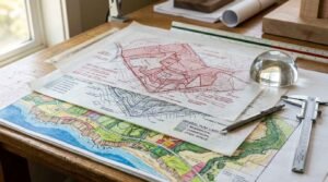 Layered site planning documents featuring a hand-colored coastal land use map, translucent topographic contour overlays in red and blue ink, glass dome paperweight, rOtring drafting pencil, and vernier caliper on a wooden desk