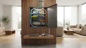 Wall-mounted structured media enclosure with neatly organized, colorful network cables and switches, installed on a walnut accent wall in a modern living room